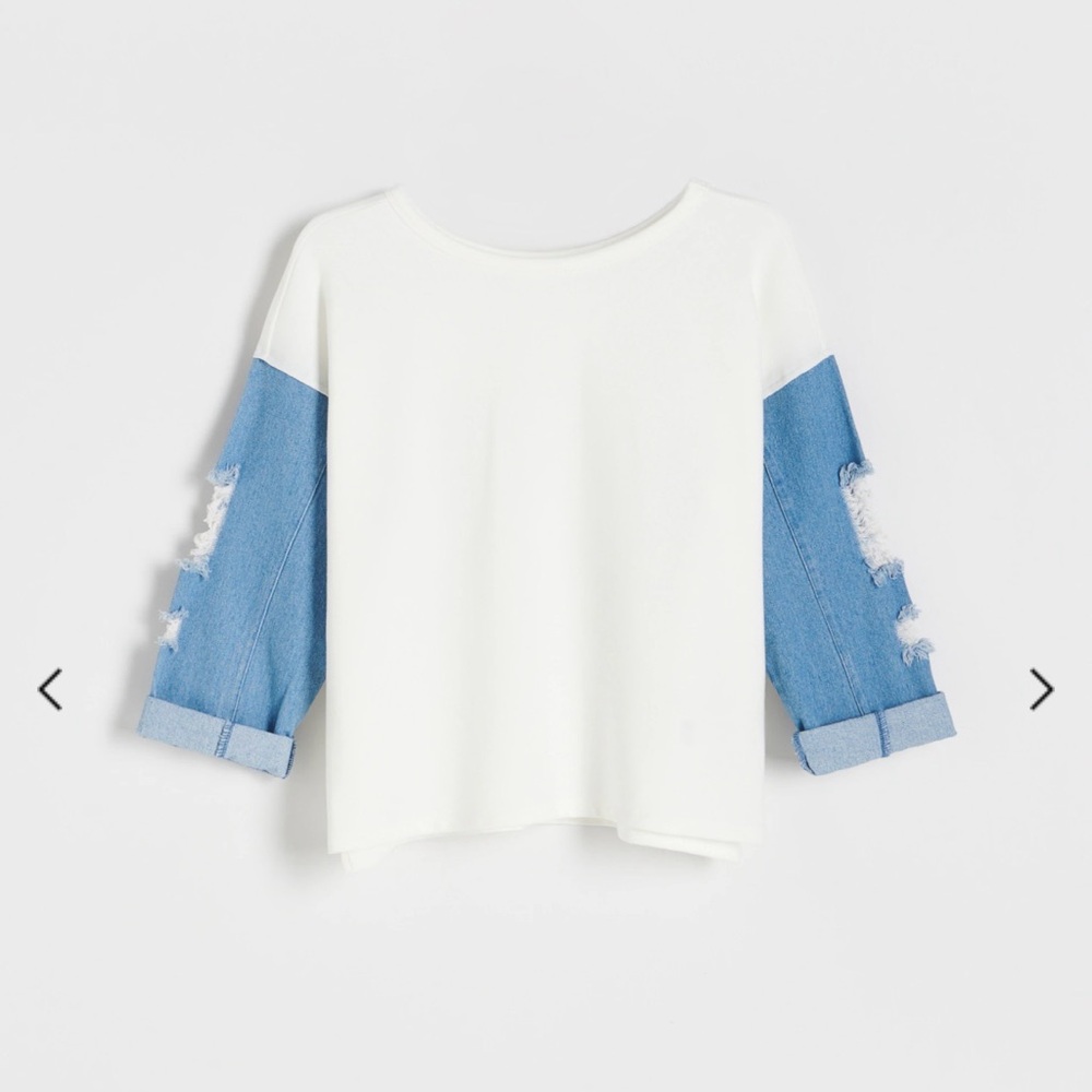 White base with blue denim long sleeve top